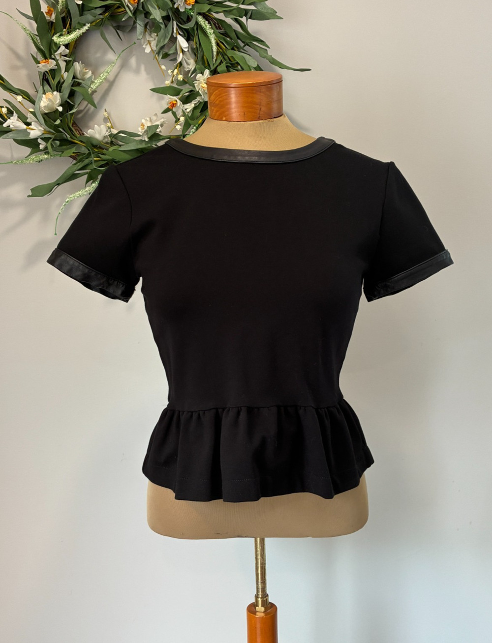 Madewell Leather Trim Peplum Top Black, Fitted Bodice, Fit & Flare, Size S
